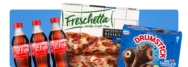 Bottle of coca-cola next to frozen pizza and ice cream cones.