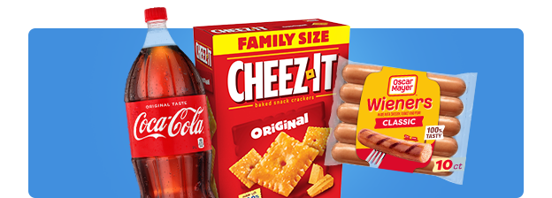Coca-Cola bottle, Cheez-It box, and Oscar Mayer hot dogs on a blue background.