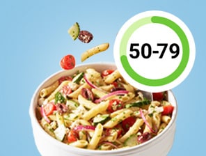 Pasta salad with tomatoes, cucumbers and onions, with a score between 50-79