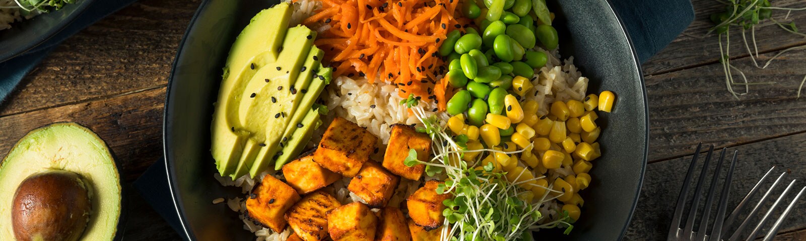 A meatless buddha bowl with tofu, carrots and avocado over rice